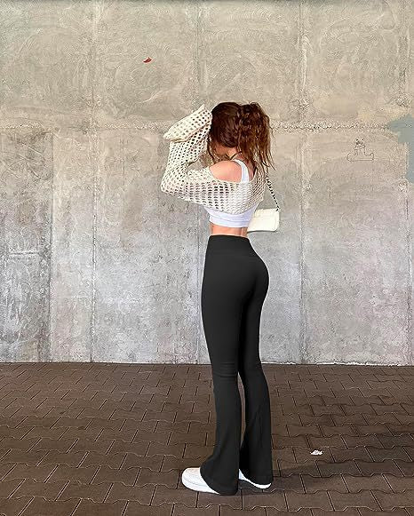 Color-Black-Sports Casual Yoga Pants Rib Workout High Waist Flared Pants Leggings Trousers Women-Fancey Boutique