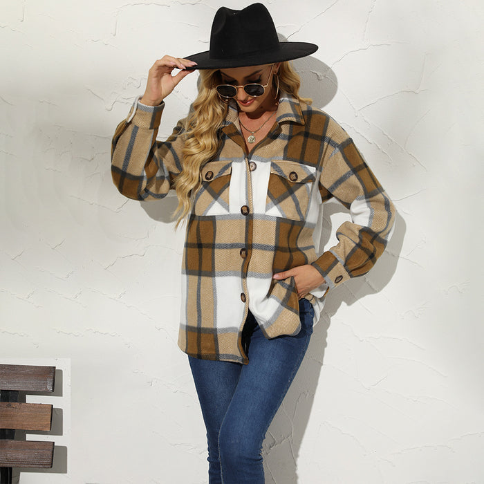 Color-Multi3-Autumn Winter Women Clothing Collared Plaid Color Matching Single Breasted Woolen Casual Coat for Women-Fancey Boutique