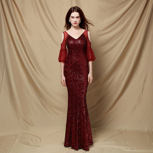 Polyester Silk Tassel Sequin Fishtail Cocktail Elegant Graceful Internet Celebrity Host Car Model Party Dress Women-Jujube Red-Fancey Boutique