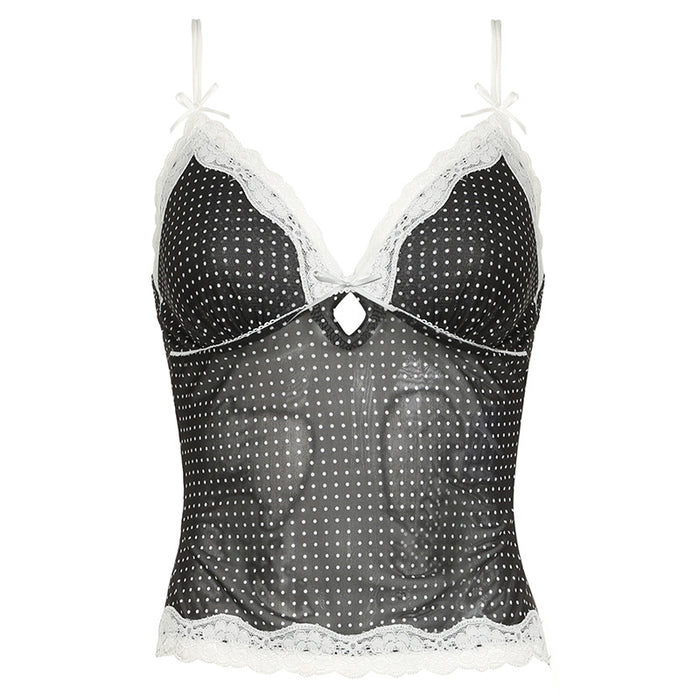 Black White Color Matching Polka Dot Printing See through Mesh Camisole Sexy Hollow Out Cutout out Lace Split Vest-Black-Fancey Boutique