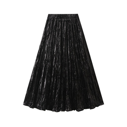 Color-Black-Pleated Velvet Skirt Women Autumn Winter High Waist A Line Skirt Mid Long Slim Pleated Skirt-Fancey Boutique