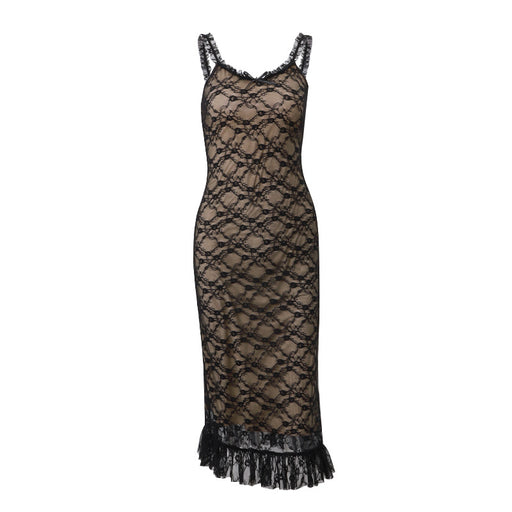 Color-Black-Women Clothing Autumn Sexy V neck Low Cut Lace Mesh Patchwork Strap Dress-Fancey Boutique