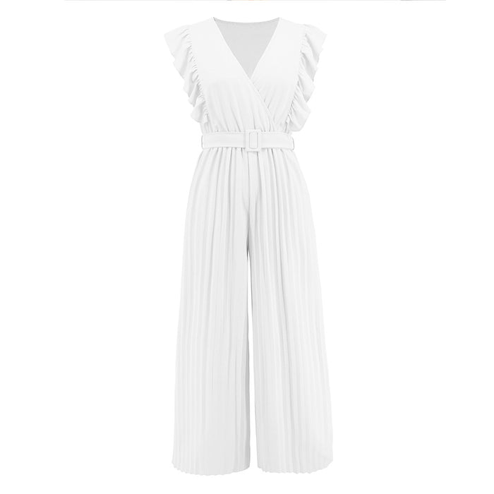 Color-White-Sexy Slim Jumpsuit High Waist Sleeveless Lotus Leaf V neck Pleated Wide Leg Skort Women-Fancey Boutique