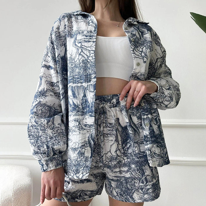 Summer Printed Cotton Pajamas Cardigan Long Sleeve Shorts Two Piece Set for Outerwear Homewear Women-Blue-Fancey Boutique