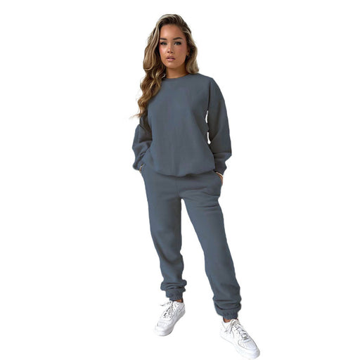 Color-Gray-Autumn Winter Women Clothing Solid Color round Neck Pullover Long Sleeve Cotton Sweater Casual Trousers Suit-Fancey Boutique