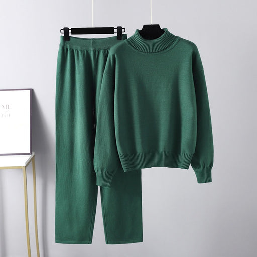 Color-Green-High Collar Suit Autumn Winter Solid Color All Matching Outer Wear Knitted Top Casual Pants Two Piece Set-Fancey Boutique