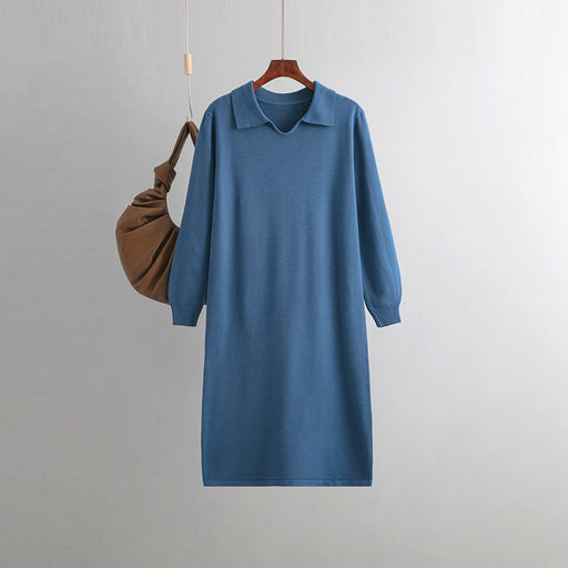 Color-Blue-Women Clothing V neck Loose Solid Color Idle Overknee Sweater Dress Women Autumn Winter Dress-Fancey Boutique