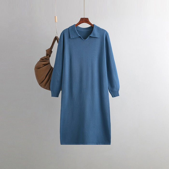 Color-Blue-Women Clothing V neck Loose Solid Color Idle Overknee Sweater Dress Women Autumn Winter Dress-Fancey Boutique