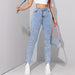 Washed Contrast Color Tappered Pencil Pants Women Elastic Skinny Slimming Denim Trousers-Fancey Boutique