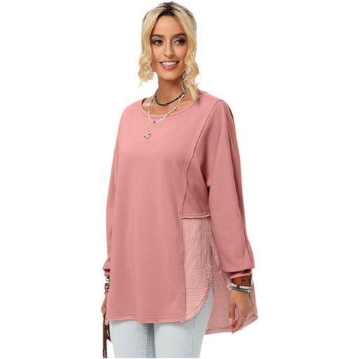 Color-Pink-Fall Solid Color Loose Sweater Women Casual Frayed Asymmetric Long Sleeved Top for Women-Fancey Boutique