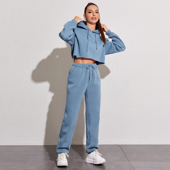 Color-Cloudy Blue-Autumn Winter Fleece Lined Long-Sleeved Short Sweater Women cropped Hooded Fleece Shirt Women Solid Color Straight Leg Pants Suit-Fancey Boutique