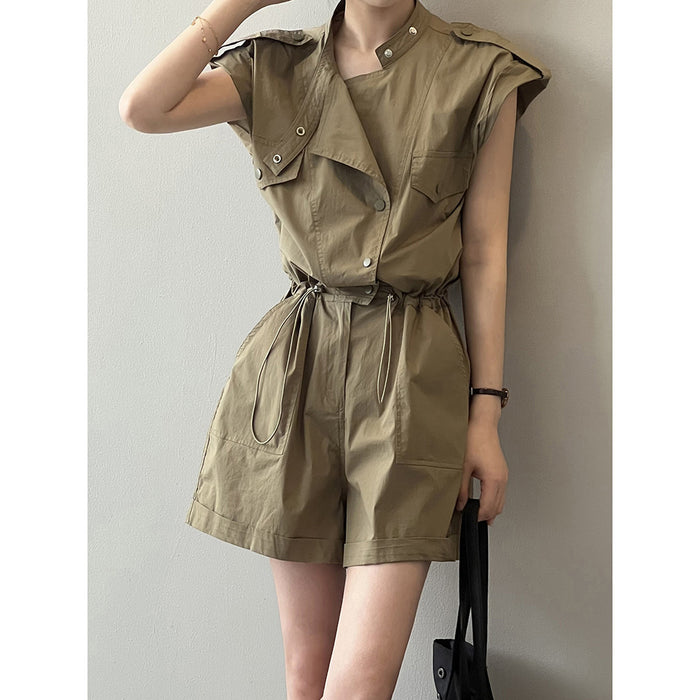 High Waist Drawstring Cargo Overalls Women Summer Stand Collar Flying Sleeves Shirt Romper-Fancey Boutique