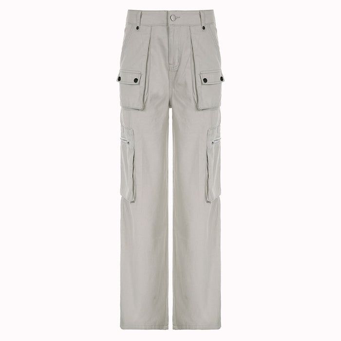 Color-Hoary-Street Shooting Handsome Multi Pocket Cargo Pants Women Neutral Loose Drooping Wide Leg Pants Mop Denim Trousers-Fancey Boutique