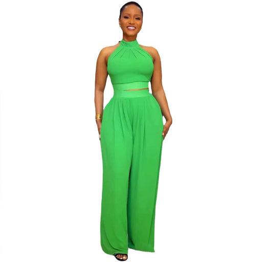 Sexy Pleated Sleeveless High Waist Top Wide Leg Pants Two Piece Set-Green-Fancey Boutique