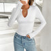 Women Clothing T shirt Spring Summer Casual V neck Slim Fit Long Sleeved Top-White-Fancey Boutique