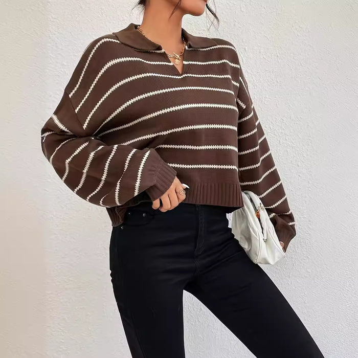 Winter Loose All Matching Striped Collared Knitted Pullover Sweater Casual Sweater Outerwear Top-Fancey Boutique