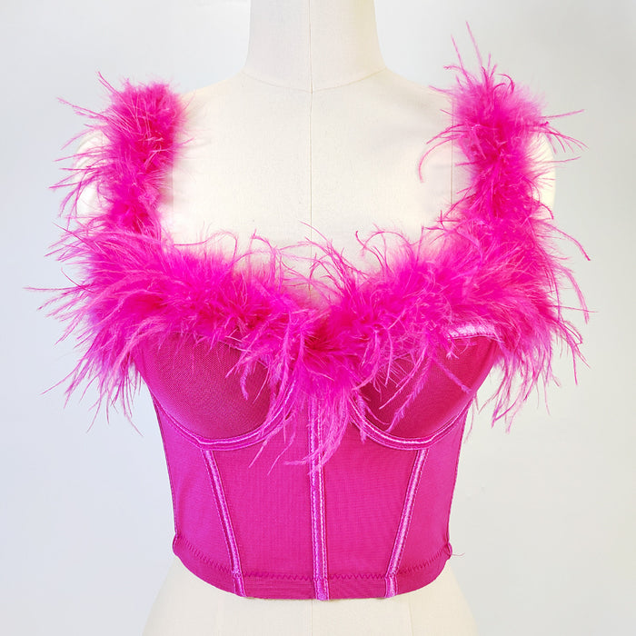 Color-Coral Red-Live Broadcast High Grade Ostrich Fur Super Fairy Boning Corset Tube Top Shaping Drawstring Slim Fit Bare Back Feather Sling-Fancey Boutique