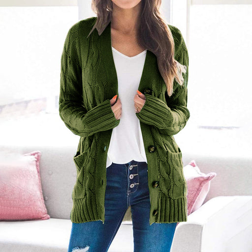 Color-Green-Autumn Winter Casual V neck Single Breasted Long Sleeve Knitwear Coat Cardigan Sweater for Women-Fancey Boutique