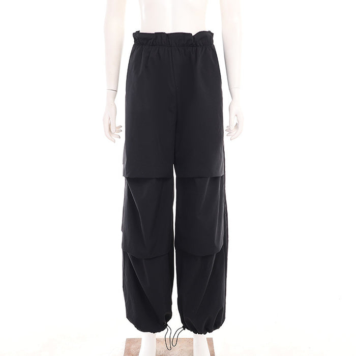 Color-Black-High Waist Drawstring Straight Simple Overalls Summer Street Solid Color All Matching Casual Trousers-Fancey Boutique