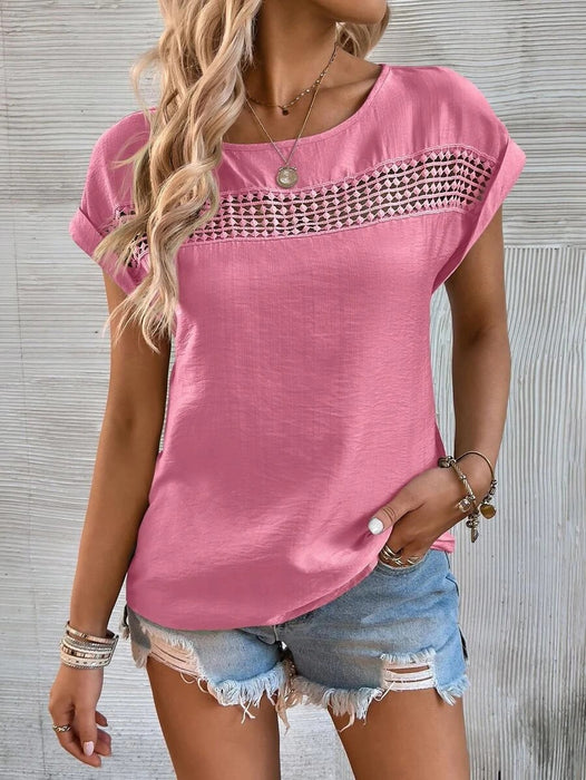 Color-Coral Red-Women Clothing Summer Casual Solid Color Stitching Lace Hollow Out Cutout Out Short Sleeve Top Women-Fancey Boutique