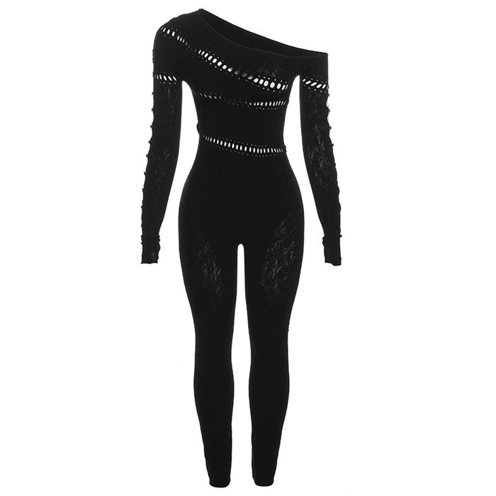 Color-Black-Fall Women Clothing Sexy Cutout Knitted Jacquard High Waist Tight Long Sleeve Jumpsuit-Fancey Boutique