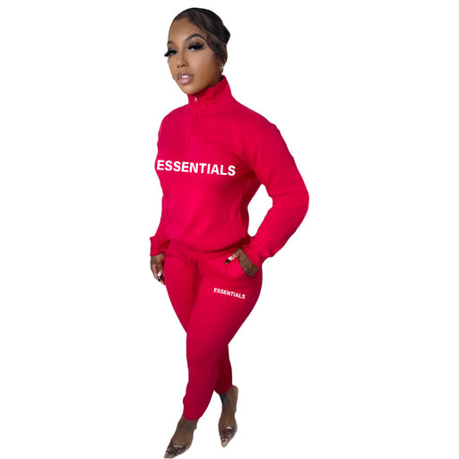 Color-Red-Urban Autumn Winter Printed Alphabet plus Velvet Pullover Zipper Casual Sports Suit-Fancey Boutique