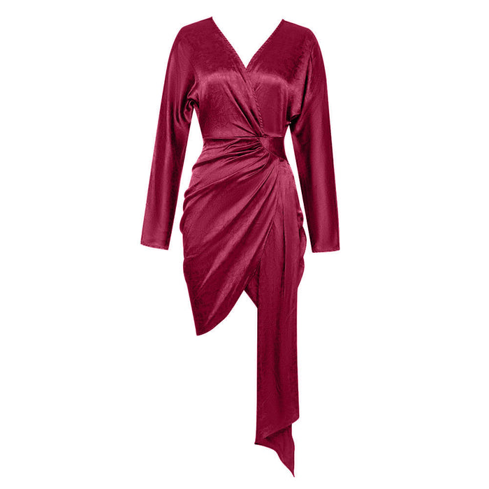 Dress Summer Simple Sexy V Neck Long Sleeve Irregular Asymmetric Dress Women-Burgundy-Fancey Boutique