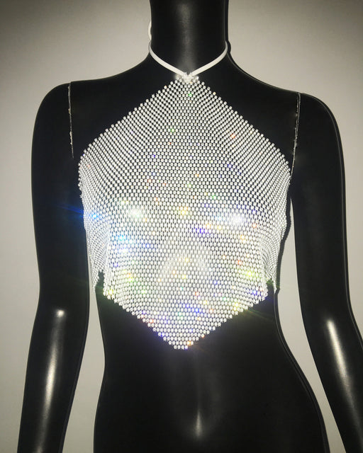Color-White-Sexy Sling Rhinestone Fishnet Halter Top Beautiful Back Wrapped Chest Sweet Spicy Sling-Fancey Boutique