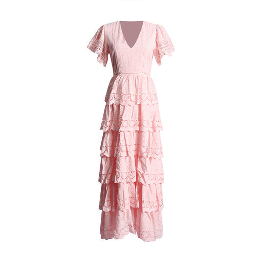 French Vintage Court Spring Flying Sleeves Hollow Out Cutout Lace Design Long Tiered Dress Women-Pink-Fancey Boutique