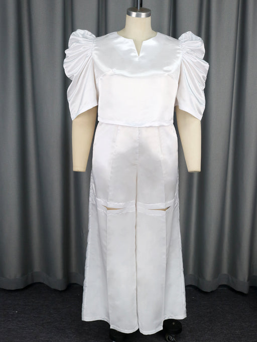 Color-White-Solid Color Pleated Sleeve Half Open Collar High Waist All Matching Wide Leg Pants Suit Two Piece Set-Fancey Boutique