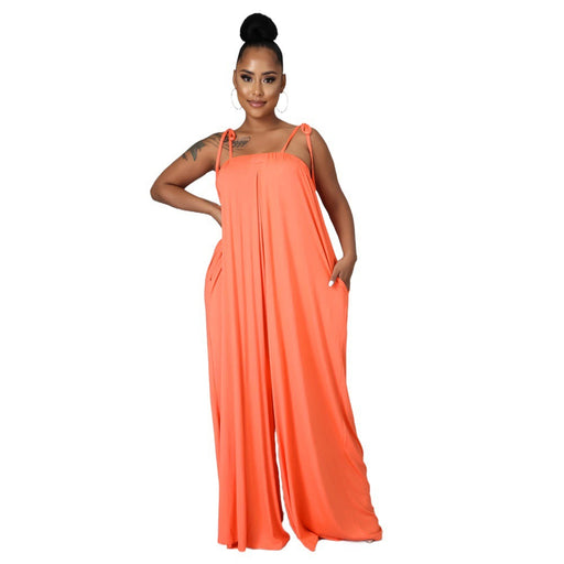 Color-Orange-Solid Color Summer Sleeveless Waist Wrapped Chest Loose Wide Leg Women Jumpsuit-Fancey Boutique