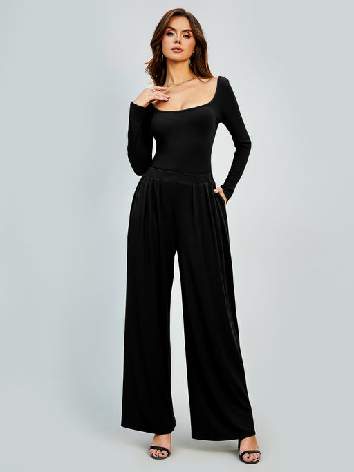 Color-Black-Winter Solid Color Casual Straight Leg Pants Women Drape Wide Leg High Waist Slimming Office-Fancey Boutique