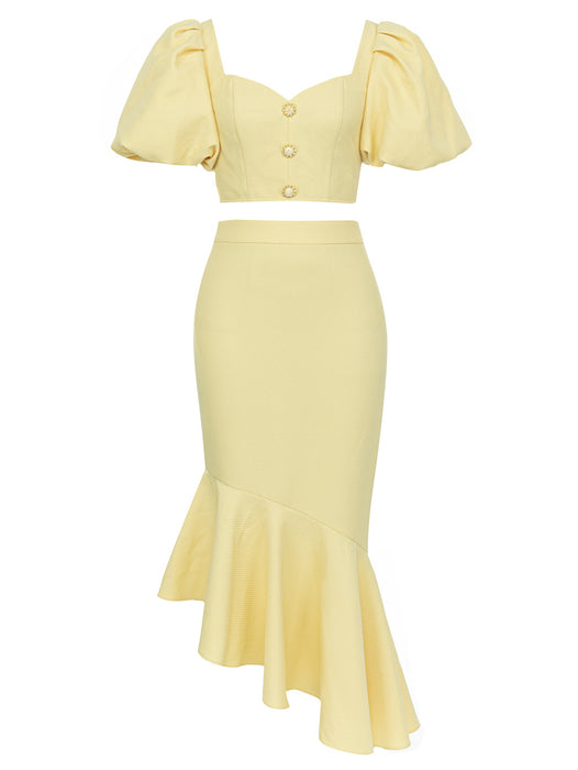 Simple Retro Short Sleeve Tube Top Ruffled Skirt Women Suit-Pale Yellow-Fancey Boutique