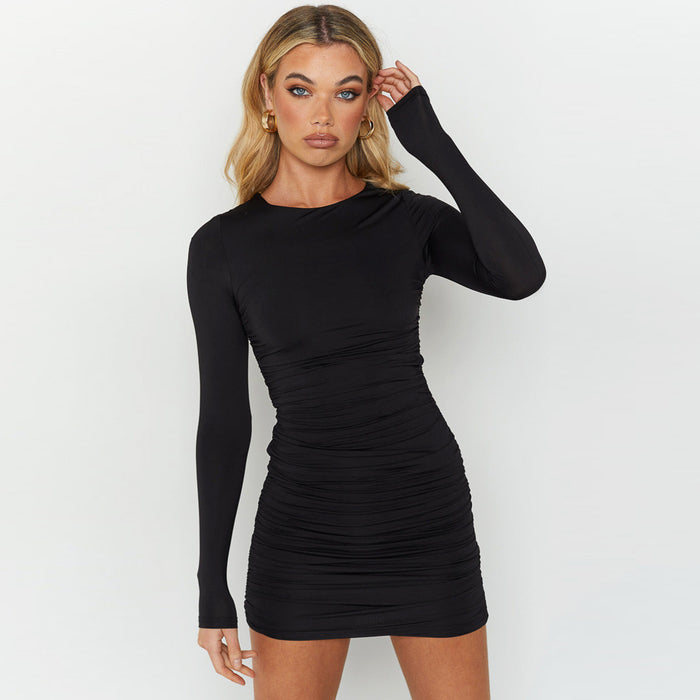 Color-Black-Autumn Winter Long Sleeve Sexy round Neck Backless Lace up Dress Women Clothing Short Dress-Fancey Boutique