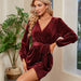 Color-Burgundy-Long Sleeve Wrap Semi-Formal Velvet Mini Dress Sexy Cocktail Party Winter Club Dress-Fancey Boutique