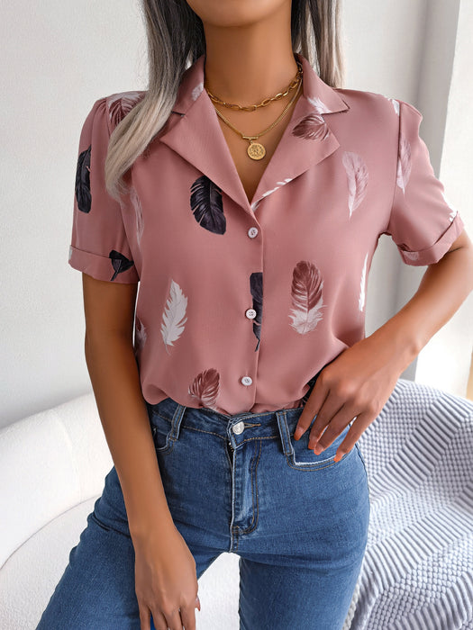 Color-Summer Elegant Collar Feather Loose Short Sleeve Shirt Women Clothing-Fancey Boutique