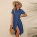 Color-Collared Retro Casual Solid Color Denim Shirt Short Sleeve Dress-Fancey Boutique