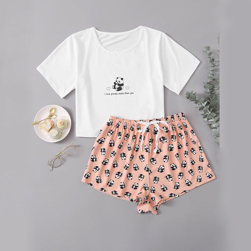 Color-White-Home Wear Panda Printing Cropped Short Sleeve Top Shorts Two Piece Set Pajamas Suit Pajamas-Fancey Boutique