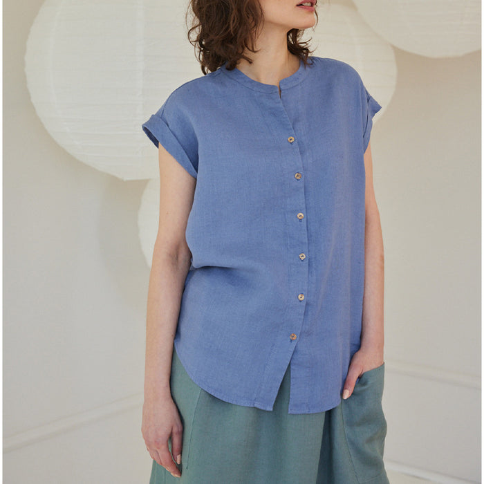 Color-Blue-Homemade French Design Sleeveless Shirt Spring Summer Women Pure Linen Stand Collar Top Cotton Linen Shirt-Fancey Boutique