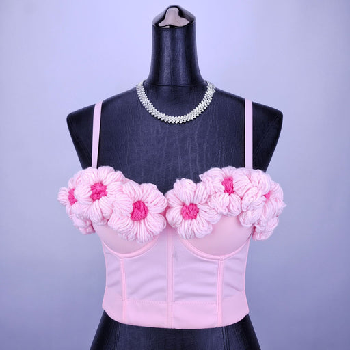 Pink Sweet Girl Knitted Outer Bra Crocheted Floral Inner Wear with Coaster Boning Corset Bra Bra Small Sling-Fancey Boutique