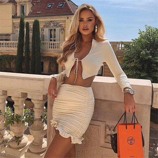 Color-Ivory-Spring Autumn Women Clothing Long Sleeve Tied Cardigan High Waist Sheath Skirt Casual Suit-Fancey Boutique