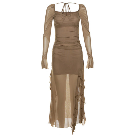 Color-Brown-Autumn Winter Women Mesh Ruffled Niche Design Long Sleeve Square Collar Dress-Fancey Boutique