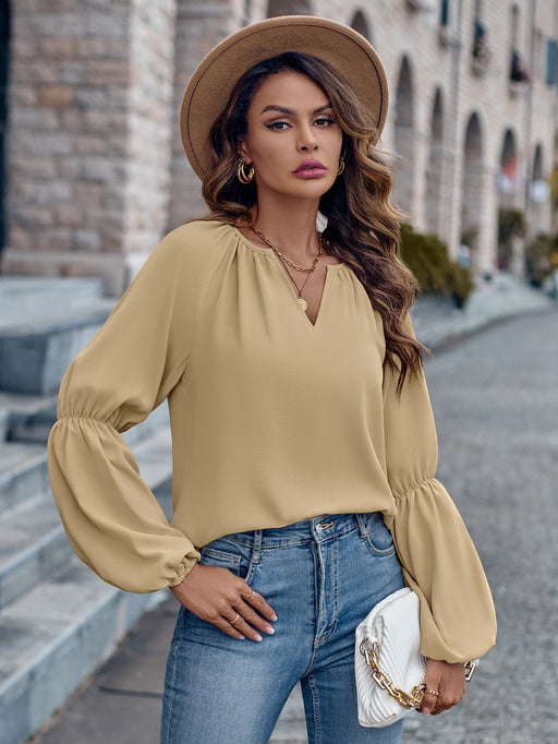 Color-Khaki-Women Clothing Solid Color V neck Loose Casual Autumn Winter Women Top-Fancey Boutique