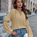 Color-Khaki-Women Clothing Solid Color V neck Loose Casual Autumn Winter Women Top-Fancey Boutique