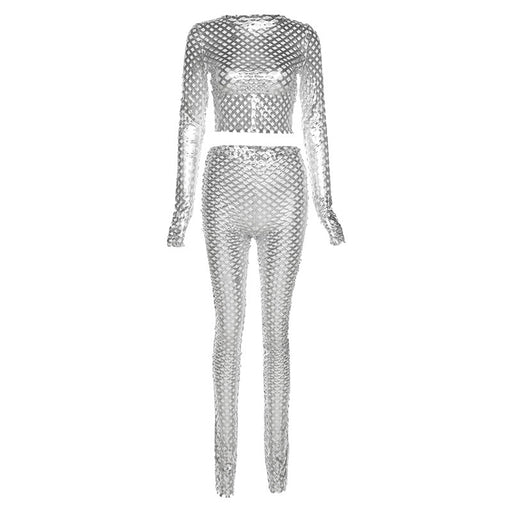 Color-Silver-Metallic Coated Fabric Fall Women Clothing Nightclub Performance Long Sleeve round Neck Net Hole Sexy Tight Trousers Two-Piece Set-Fancey Boutique