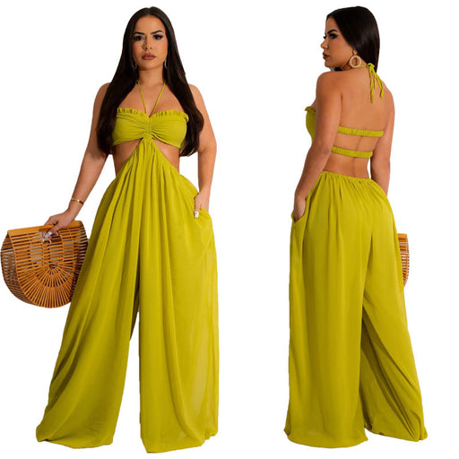 Color-Yellow-Women Clothing Spring Summer Solid Color Sexy Loose Backless Jumpsuit-Fancey Boutique
