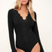 Color-Black-Women Striped Sexy V neck Lace Edge Long Sleeve Autumn Wear One Piece T Back Base-Fancey Boutique