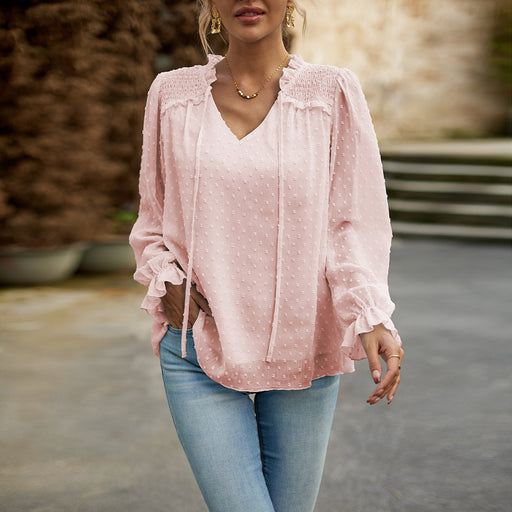Color-Pink-Jacquard Shirt Women Autumn Elegant V neck Long Sleeve Top-Fancey Boutique