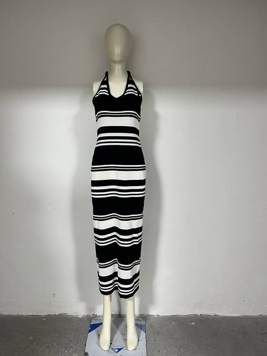 Slimming Sleeveless Halter Backless Striped Knitted Dress Casual Waist Tight Beach Bohemian Dress Women-Multi-Fancey Boutique