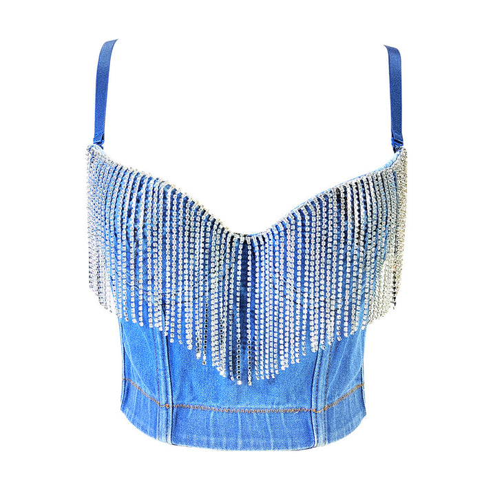 Sexy Denim Tube Top with Chest Pad Short Sleeveless Body Shaping Top Rhinestone Tassel Boning Corset Corset-Blue-Fancey Boutique